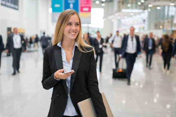 Smiling businesswoman at a trade show